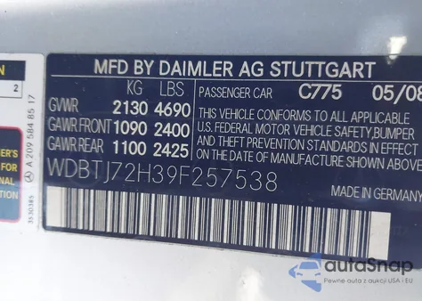 2009 Mercedes-Benz Clk 550 из США, поврежденный, VIN WDBTJ72H39F257538